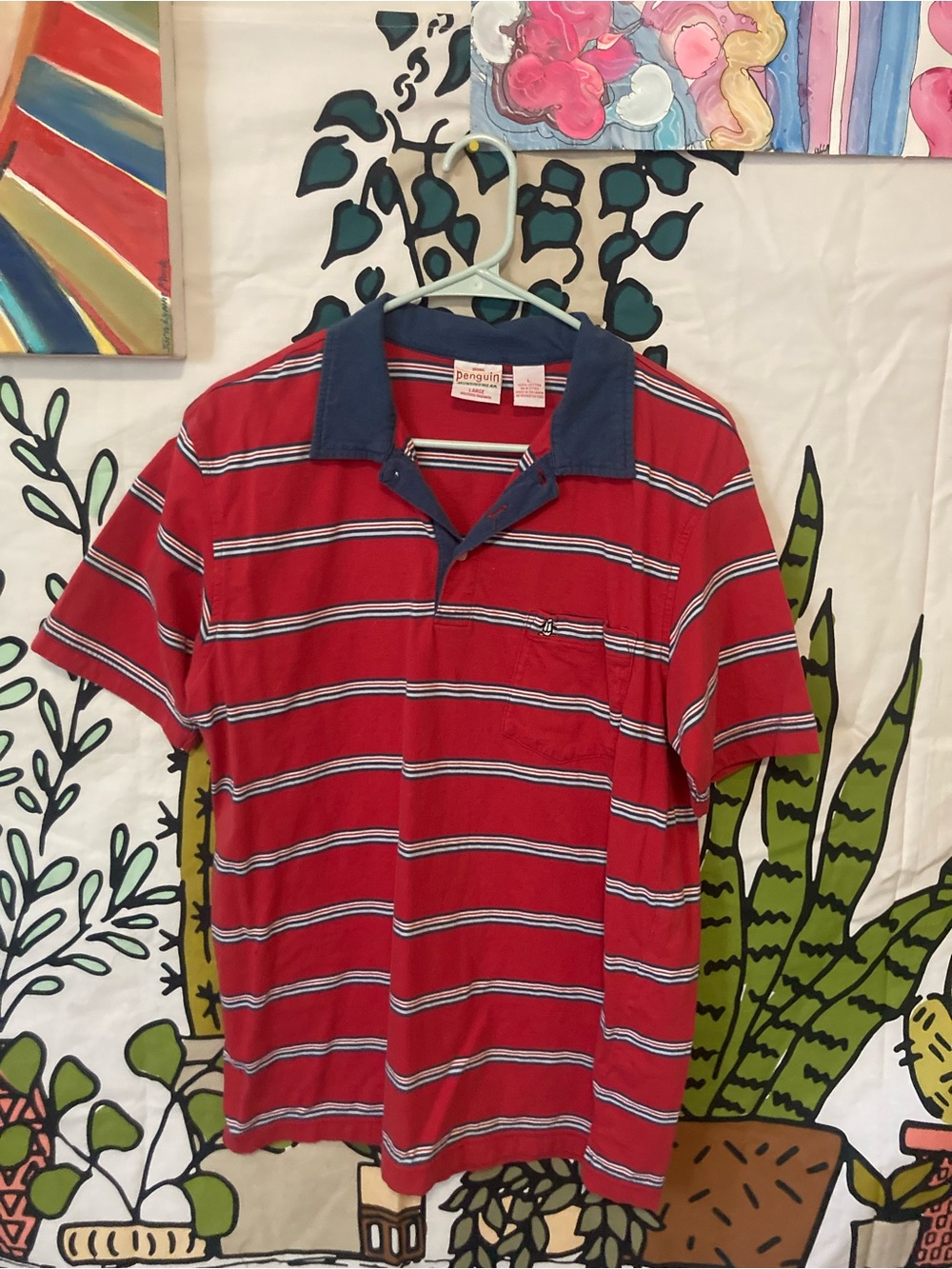 Original Penguin Red Striped Polo with Navy Collar